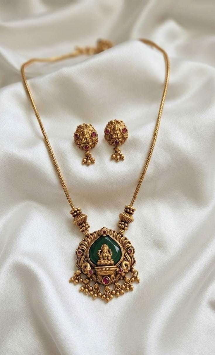 Indian Antique Gold Necklace Set, Green Emerald Lakshmi Pendant with Earrings